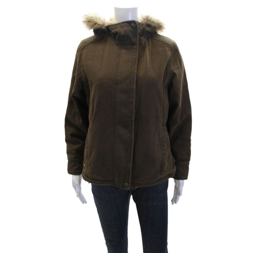 Woolrich Womens Cotton Zippered Hooded Long Sleeve Jean Jacket Brown Size XS